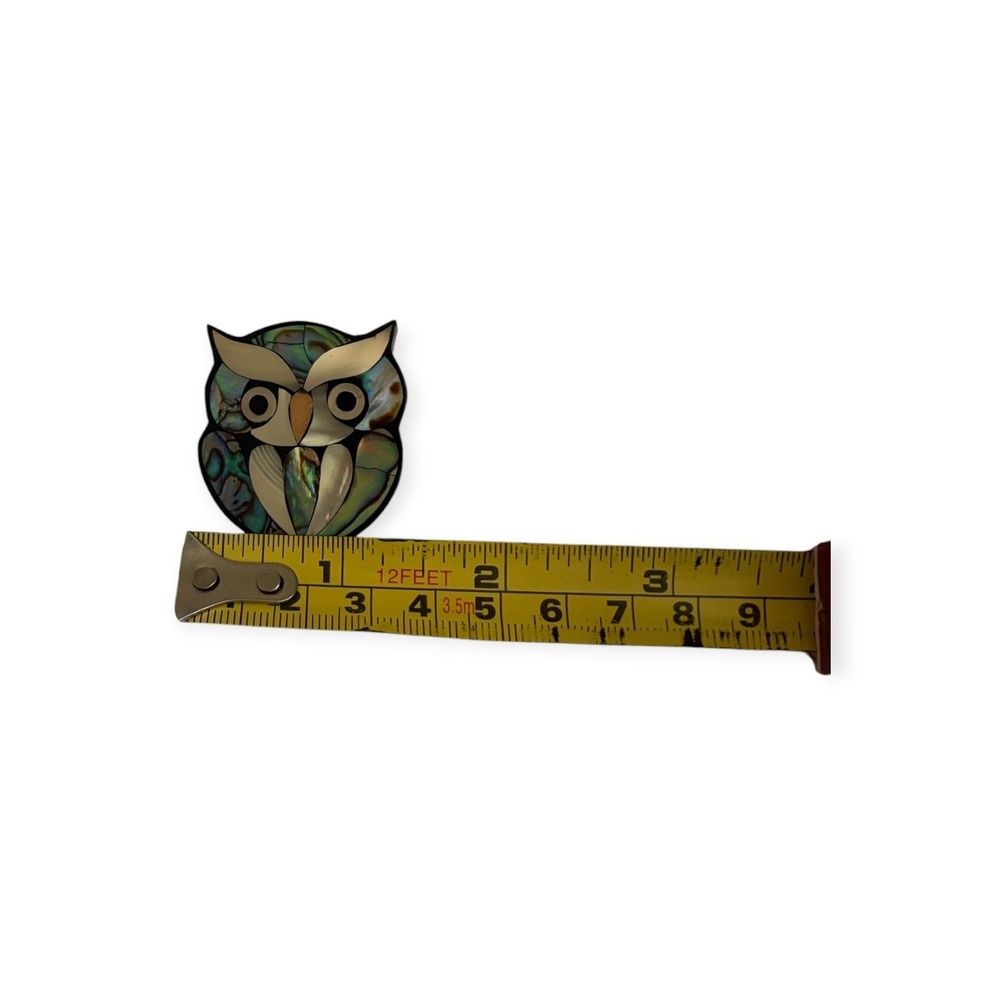 Vintage Lee Sands Owl Brooch Abalone Mother of Pearl Shell Mosaic Inlay Pin - Picture 7 of 7